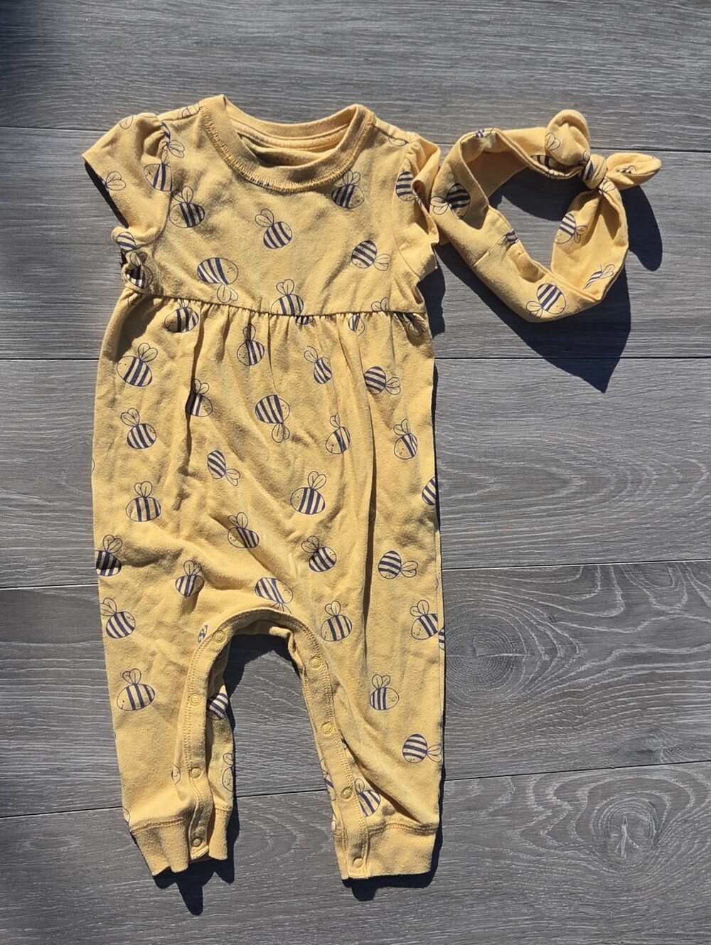 Cat & Jack Mustard Bee-Print Romper with Knotted Headband